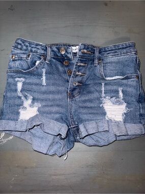 Almost Famous Distressed Rolled-Hem Denim Shorts - Light Blue